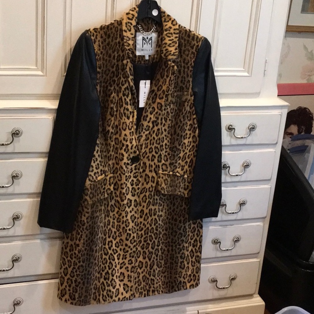 Milly Leopard Print Coat with Black Sleeves